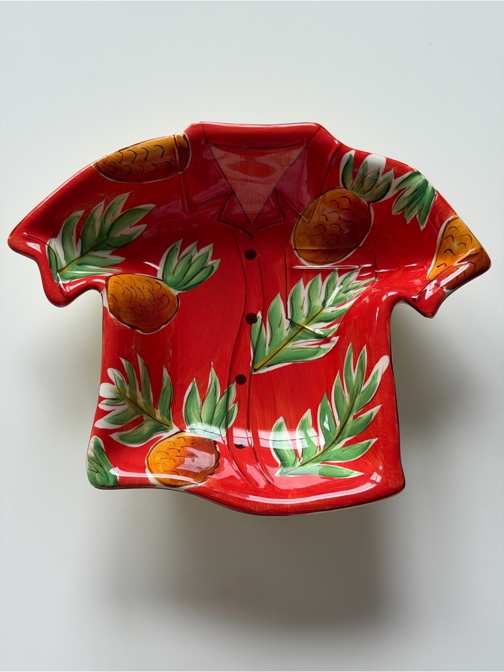 Clay Art Ceramic Hawaiian Shirt Shaped Serving Dish Bowl Pineapples Red